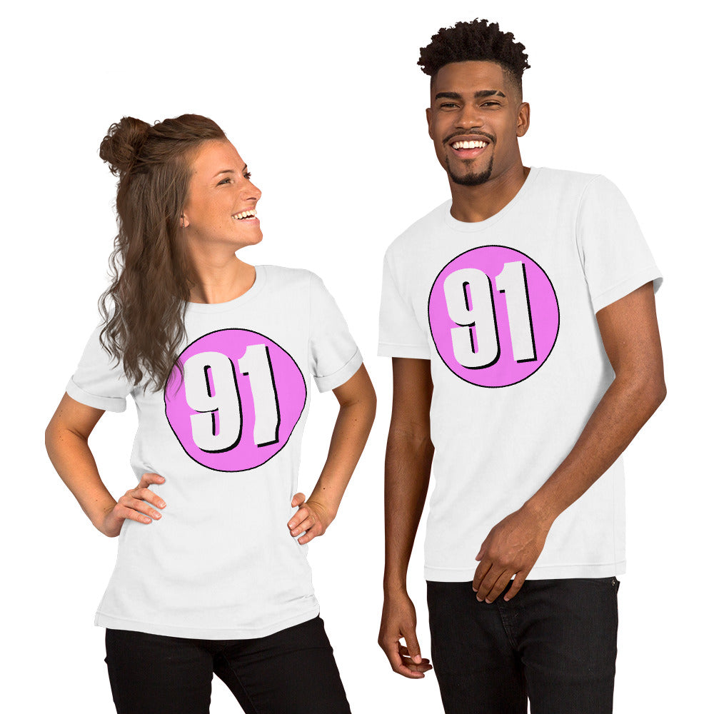 Unisex t-shirt: White on Pink 91