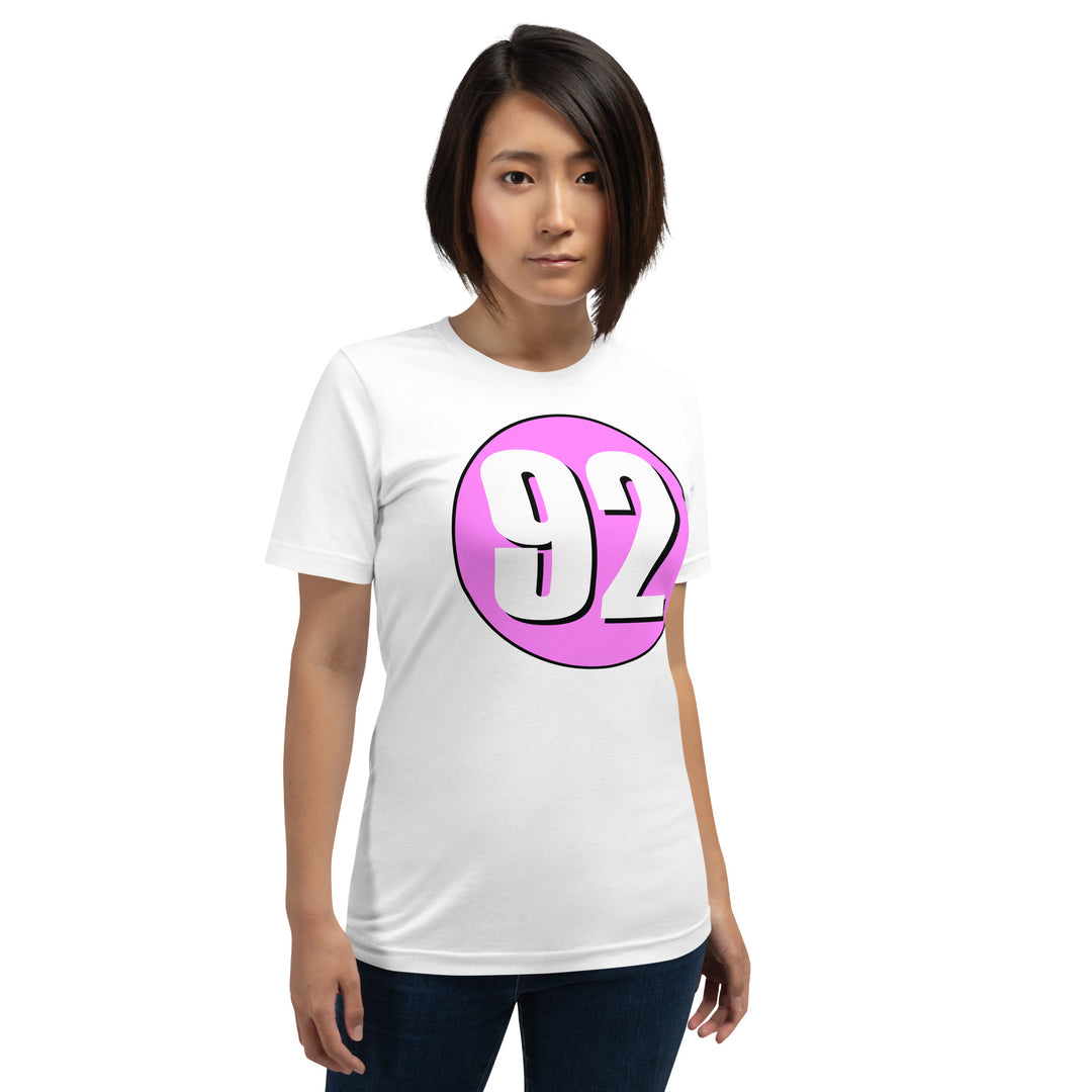 Unisex t-shirt: White on Pink 92