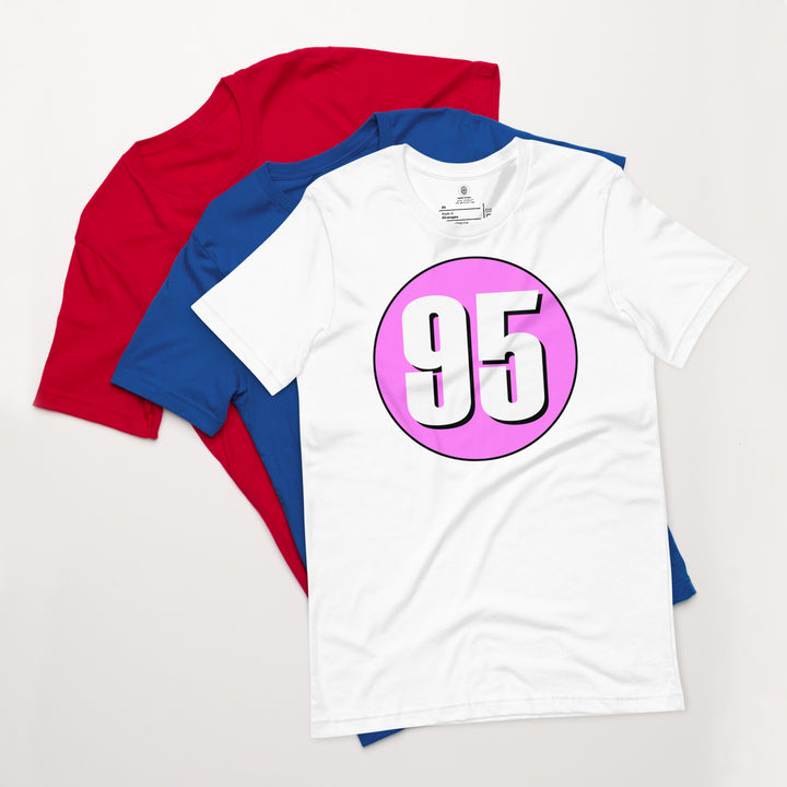 Unisex t-shirt: White on Pink 95