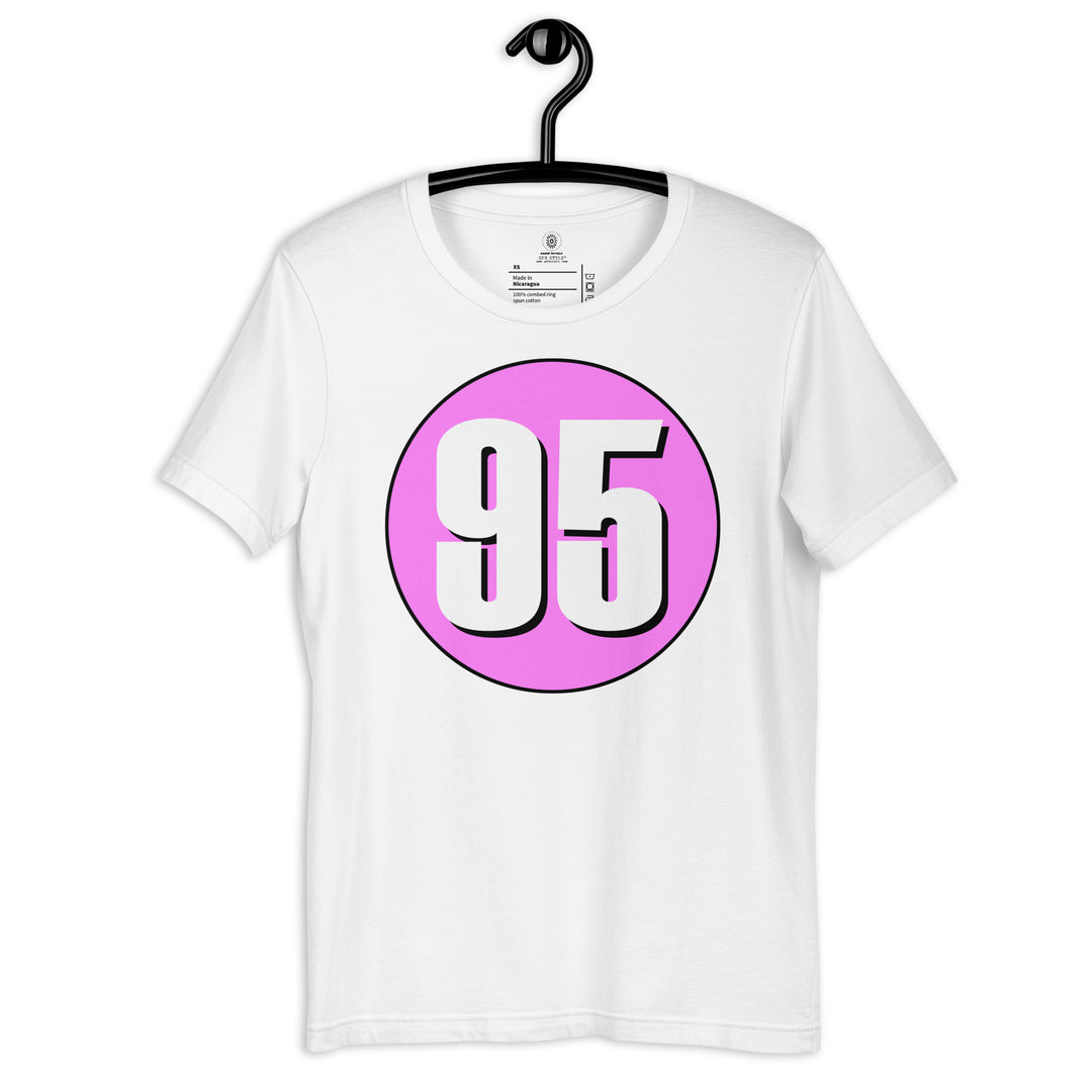 Unisex t-shirt: White on Pink 95