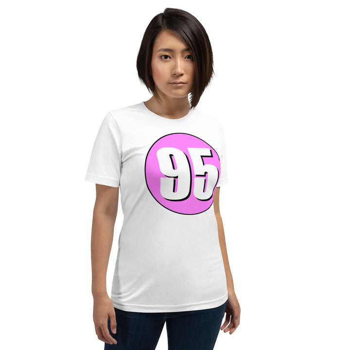 Unisex t-shirt: White on Pink 95