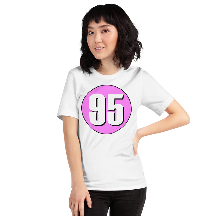 Unisex t-shirt: White on Pink 95