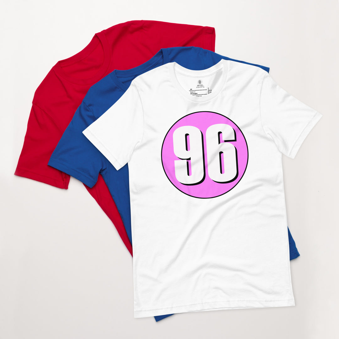 Unisex t-shirt: White on Pink 96