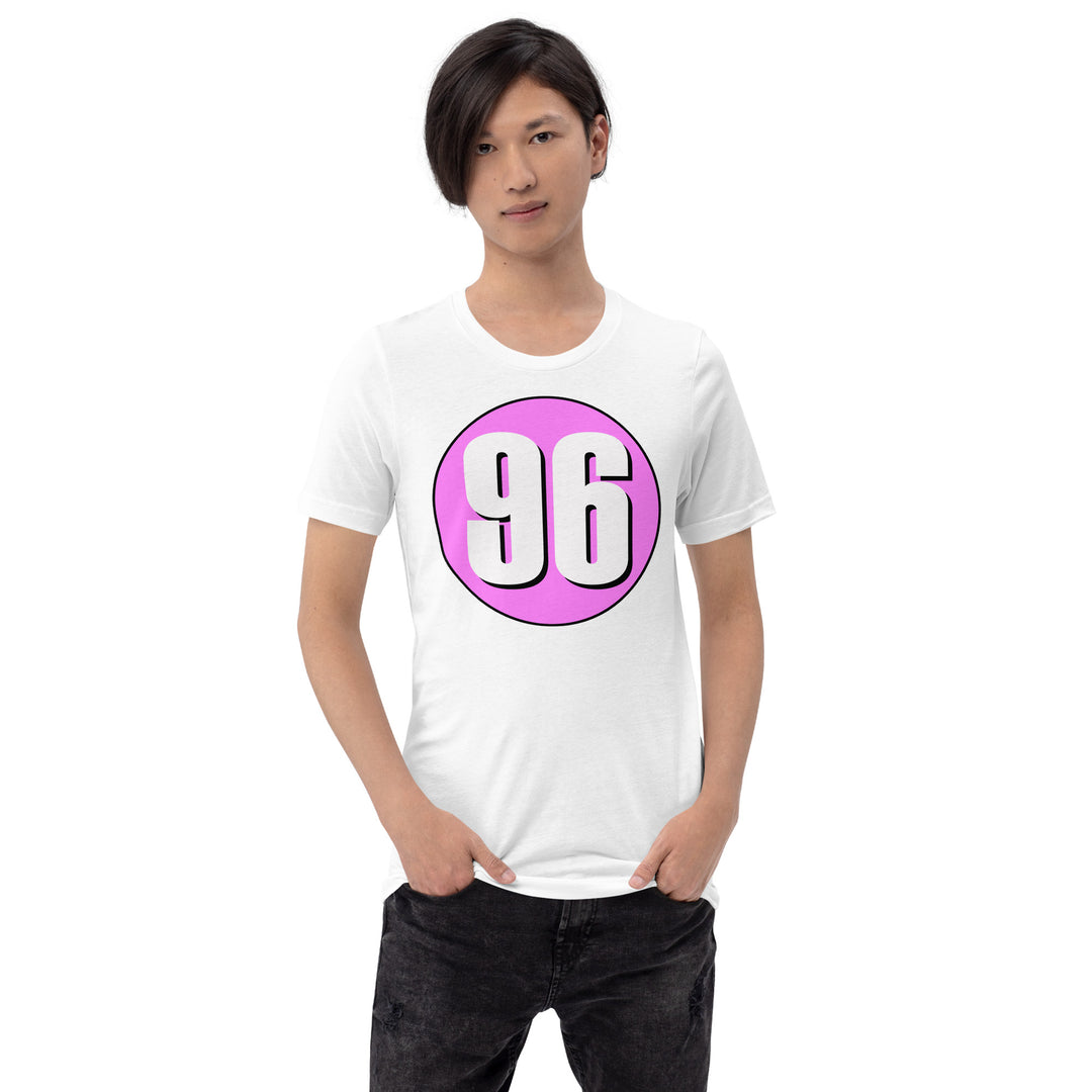 Unisex t-shirt: White on Pink 96