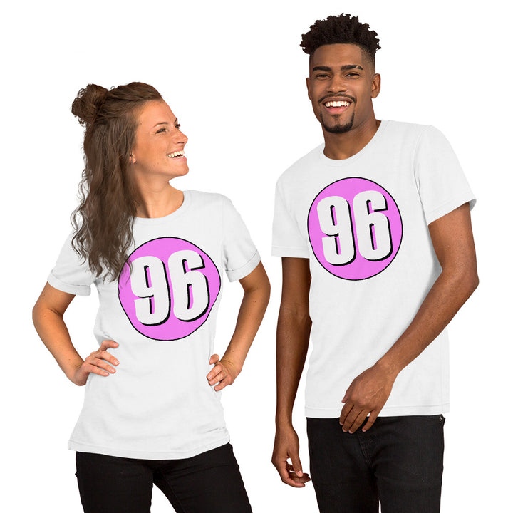 Unisex t-shirt: White on Pink 96