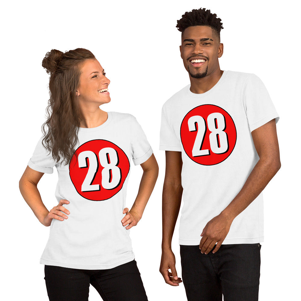 Unisex t-shirt: White on Red 28