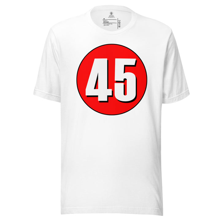 Unisex t-shirt: White on Red 45