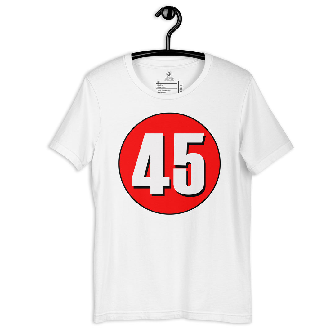 Unisex t-shirt: White on Red 45