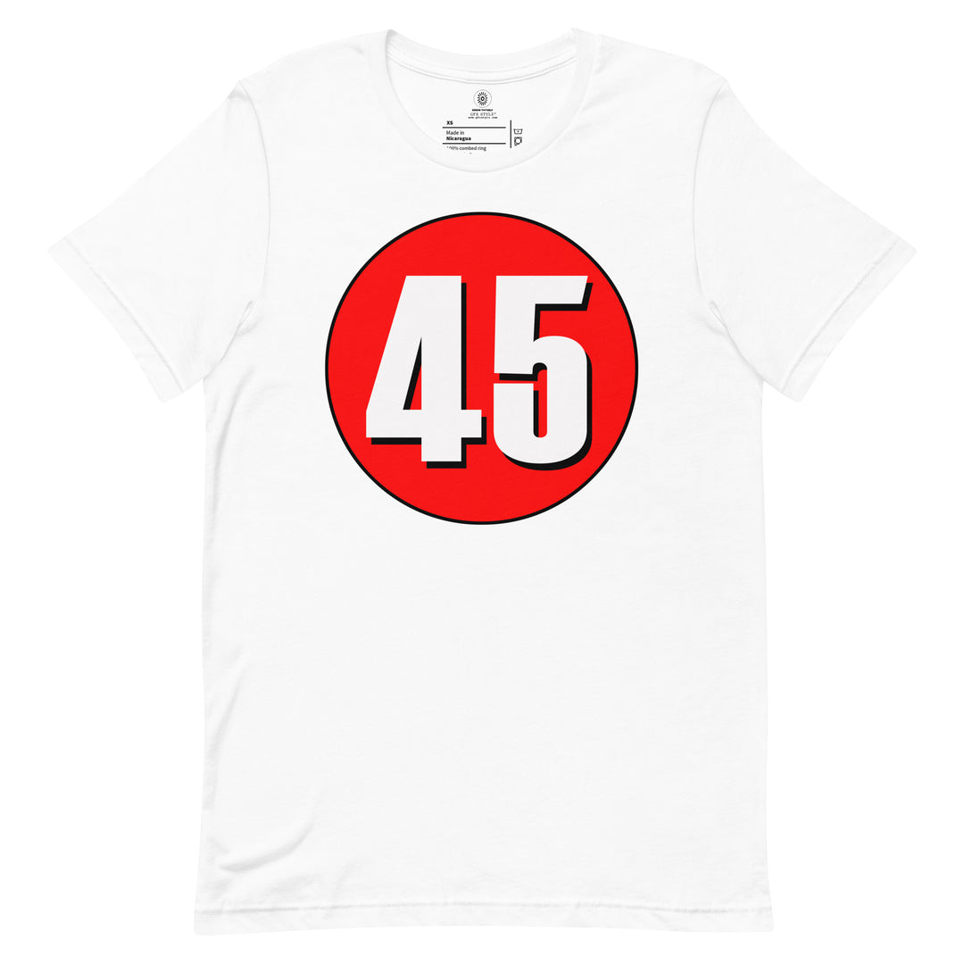 Unisex t-shirt: White on Red 45