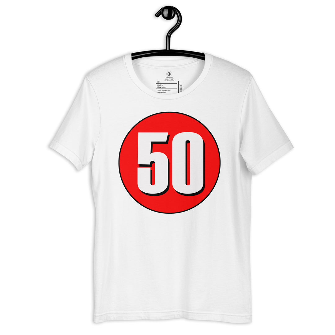 Unisex t-shirt: White on Red 50