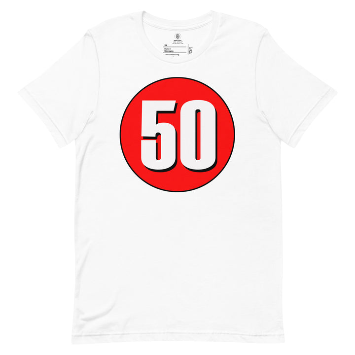 Unisex t-shirt: White on Red 50