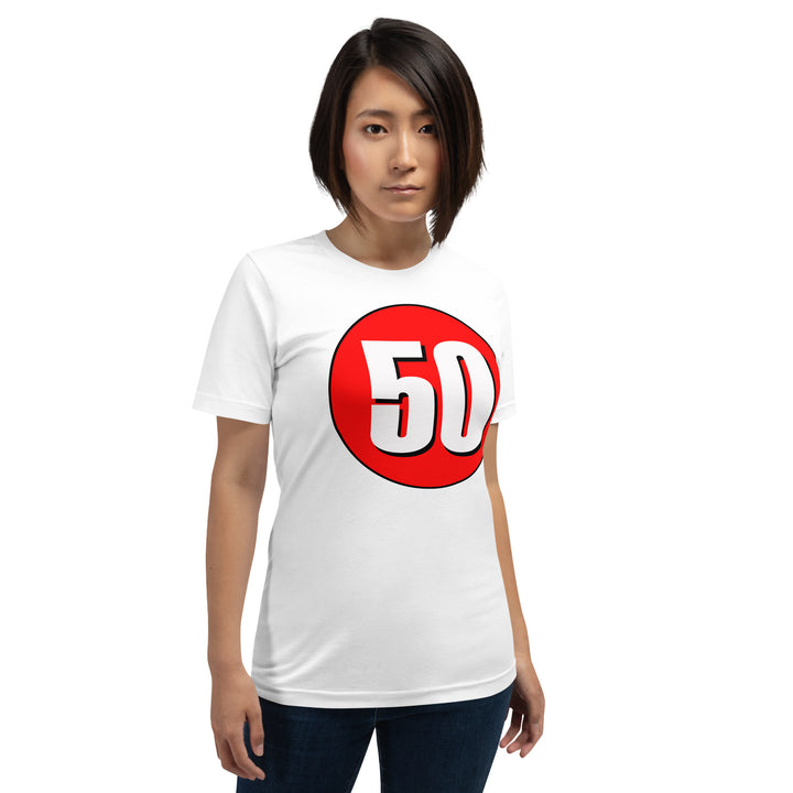 Unisex t-shirt: White on Red 50