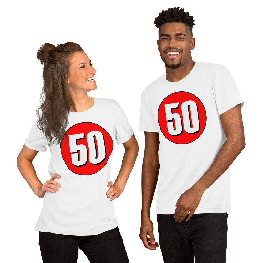 Unisex t-shirt: White on Red 50