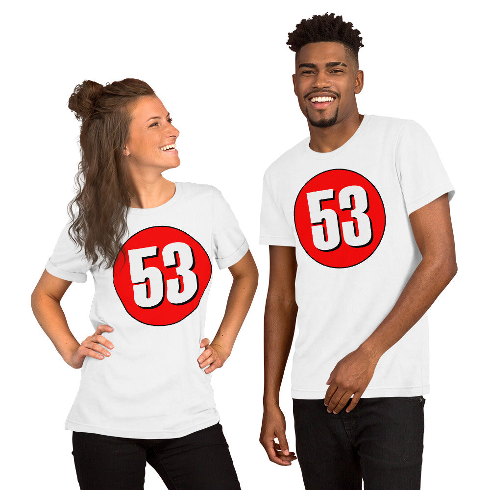 Unisex t-shirt: White on Red 53