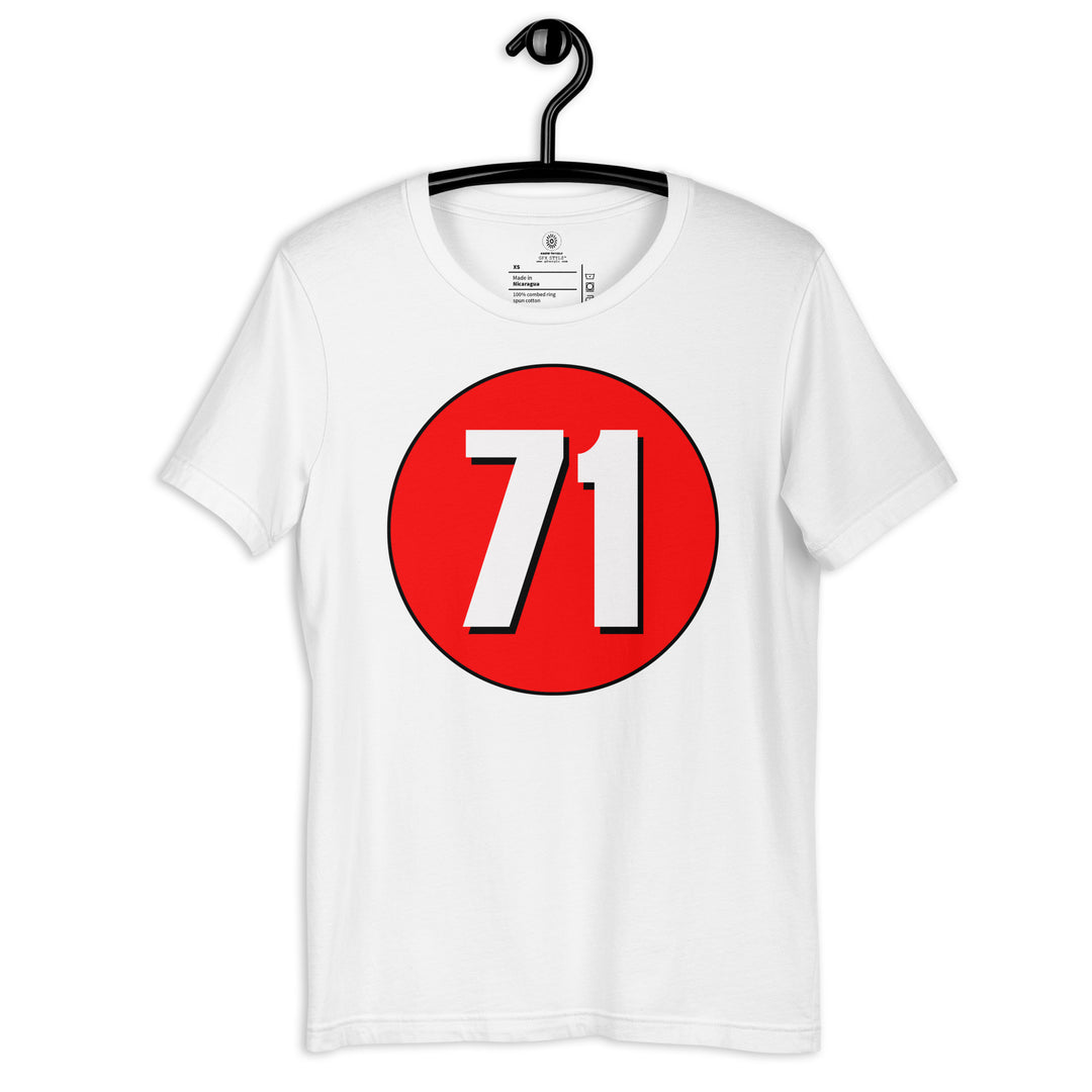 Unisex t-shirt: White on Red 71