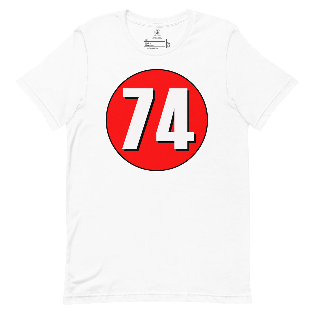 Unisex t-shirt: White on Red 74