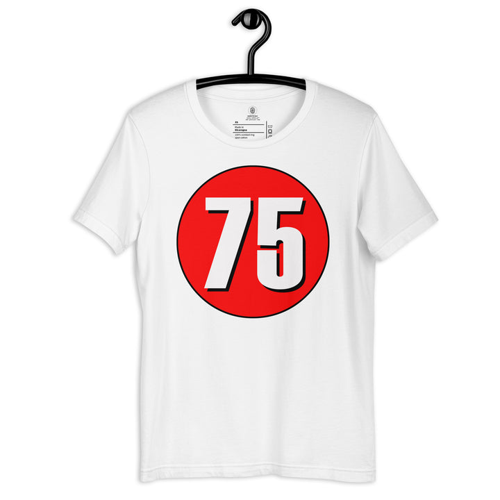 Unisex t-shirt: White on Red 75