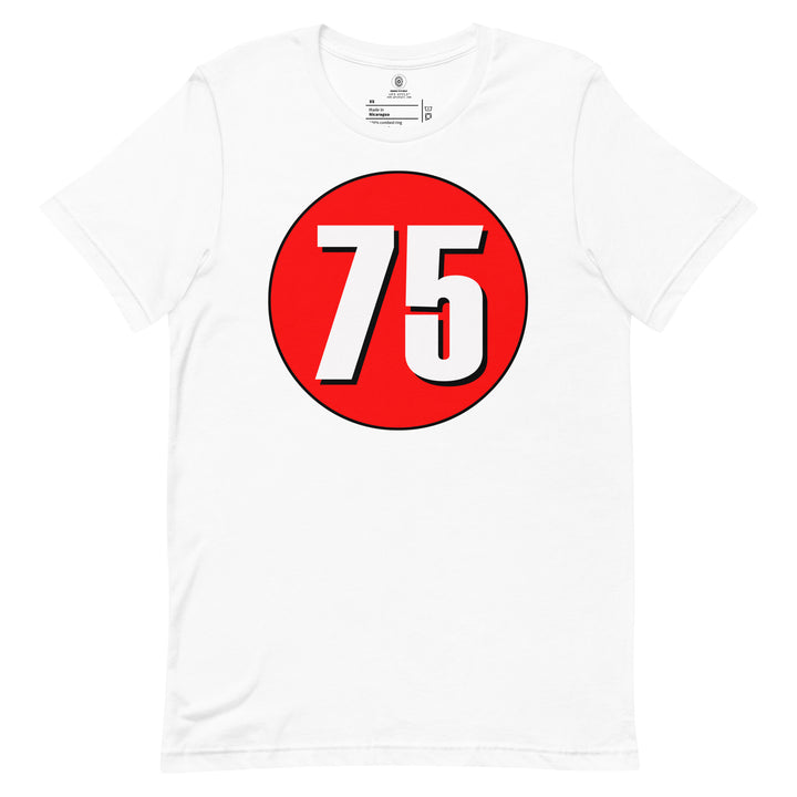 Unisex t-shirt: White on Red 75