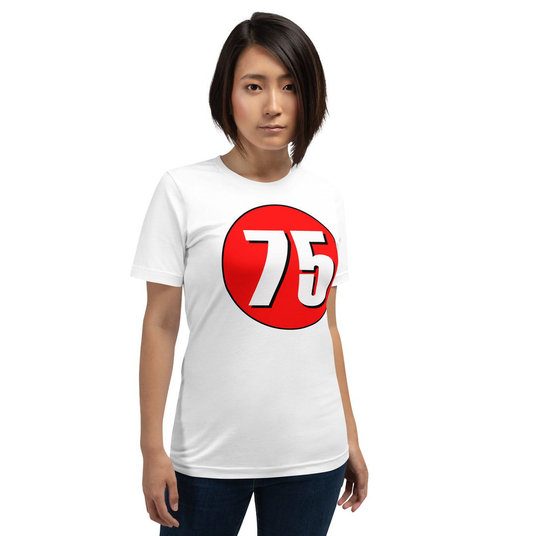 Unisex t-shirt: White on Red 75