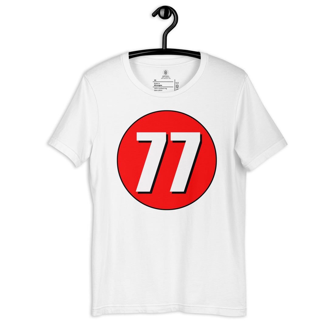 Unisex t-shirt: White on Red 77