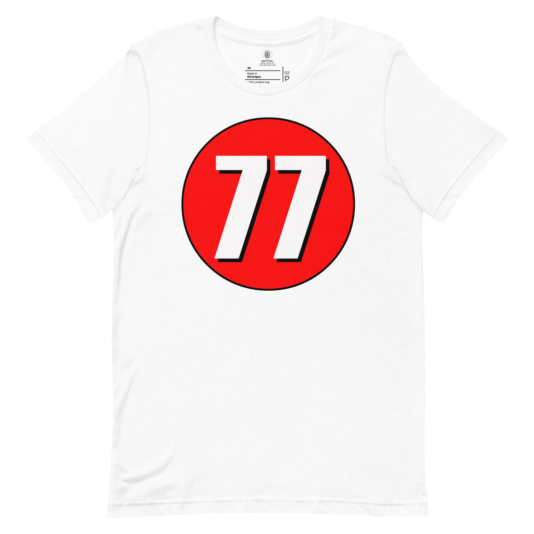 Unisex t-shirt: White on Red 77