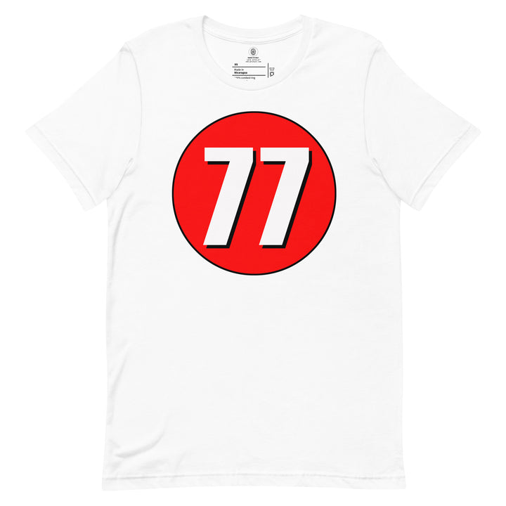 Unisex t-shirt: White on Red 77