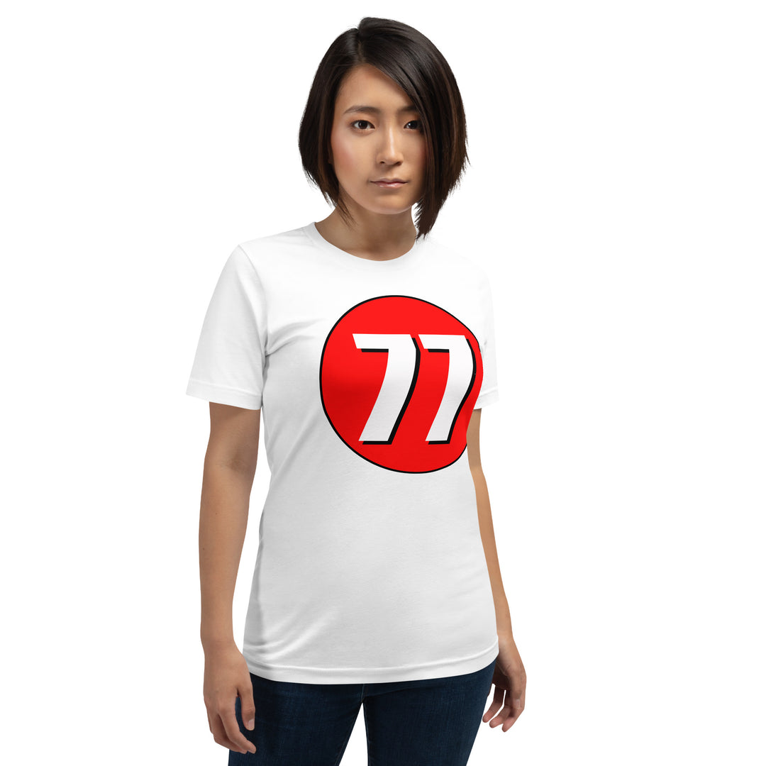 Unisex t-shirt: White on Red 77