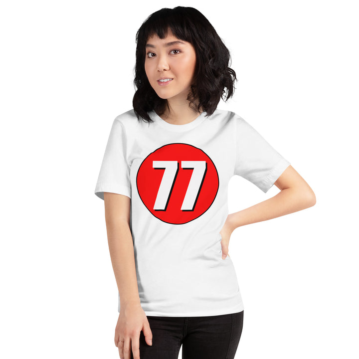 Unisex t-shirt: White on Red 77