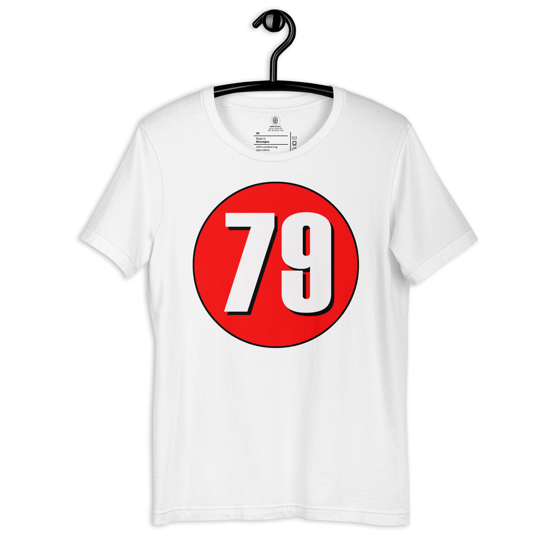 Unisex t-shirt: White on Red 79