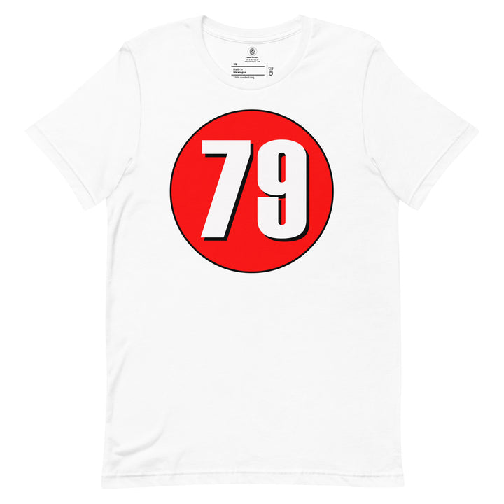 Unisex t-shirt: White on Red 79