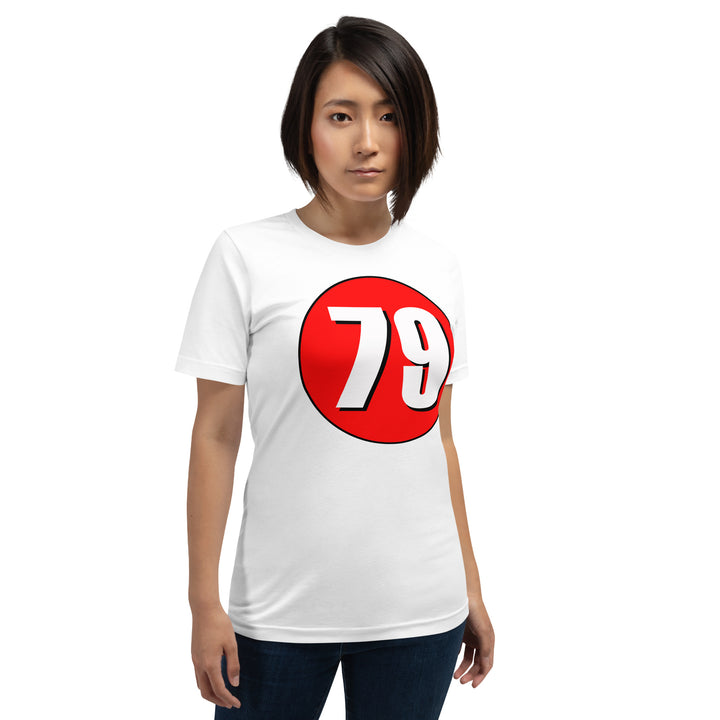 Unisex t-shirt: White on Red 79