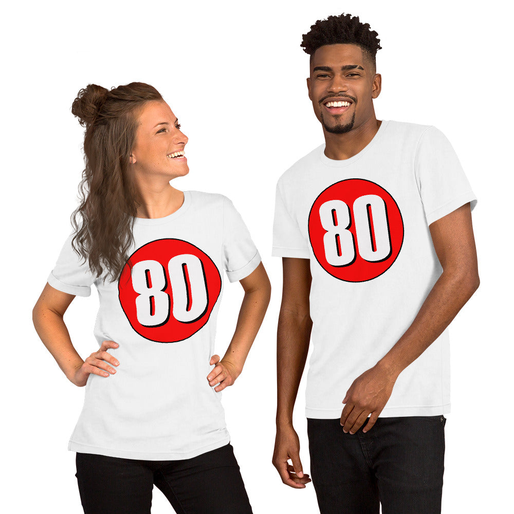 Unisex t-shirt: White on Red 80