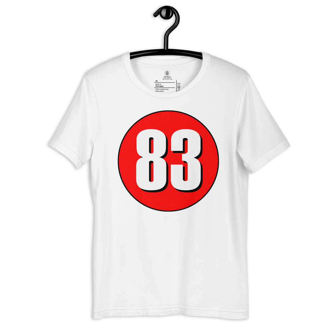 Unisex t-shirt: White on Red 83