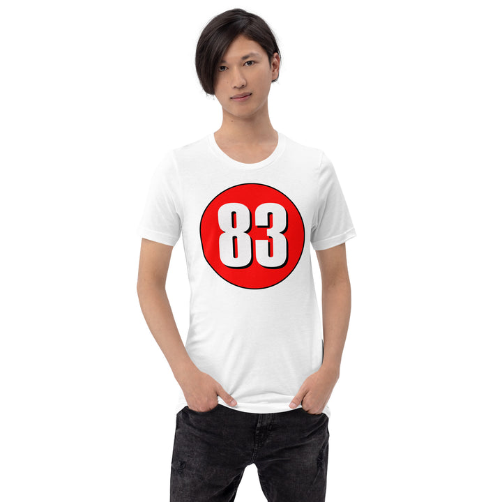 Unisex t-shirt: White on Red 83