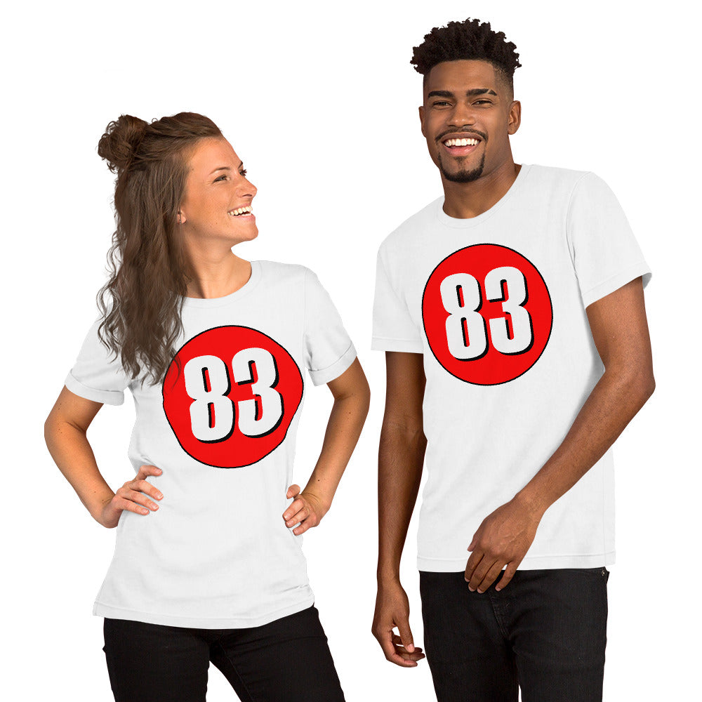 Unisex t-shirt: White on Red 83