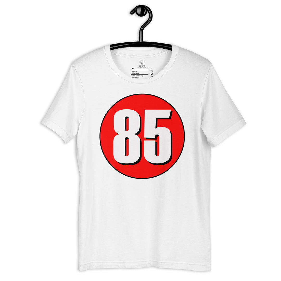 Unisex t-shirt: White on Red 85