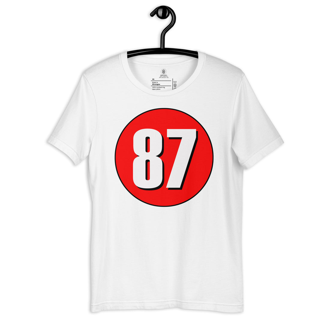 Unisex t-shirt: White on Red 87