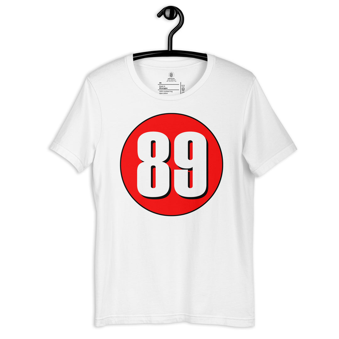 Unisex t-shirt: White on Red 89