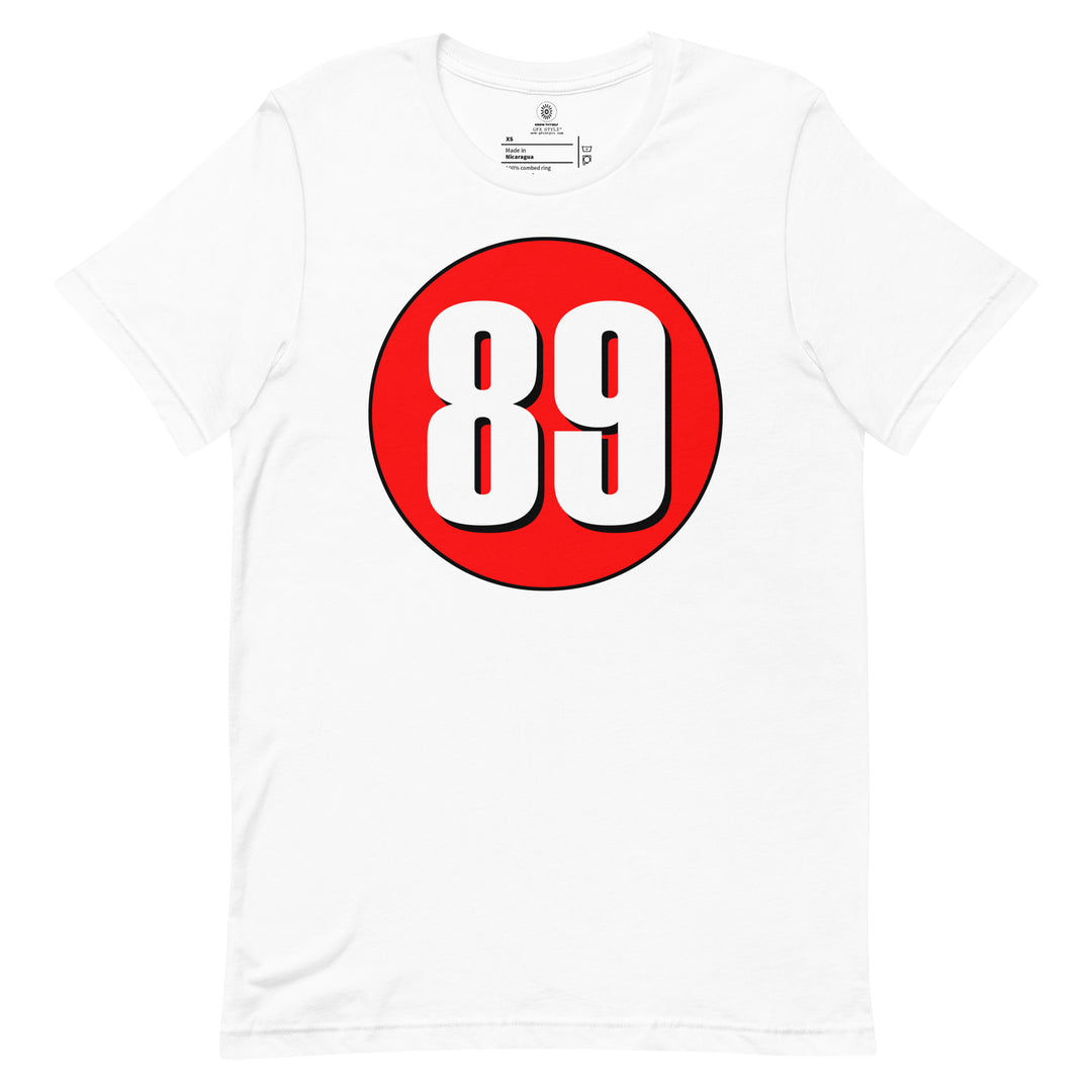 Unisex t-shirt: White on Red 89