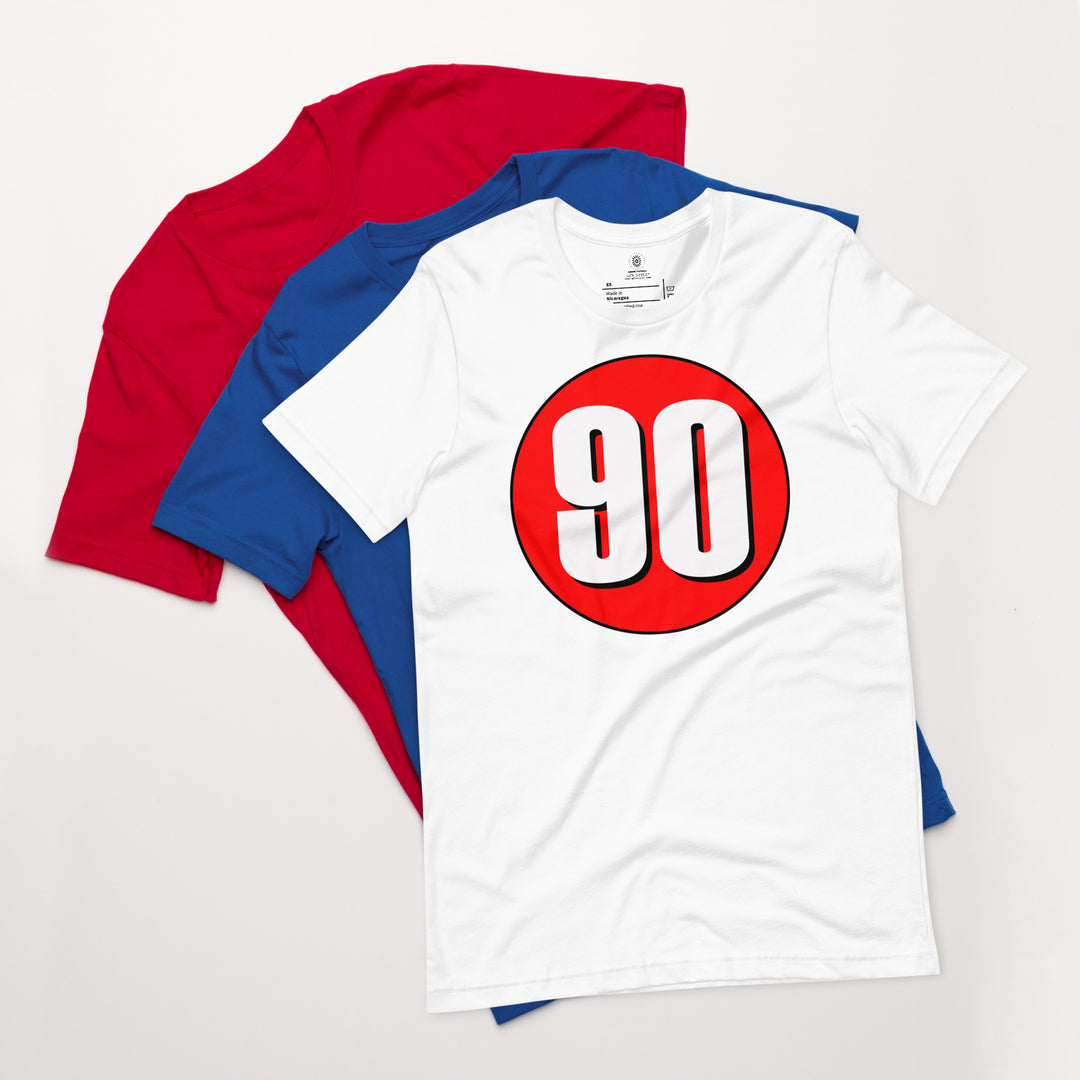 Unisex t-shirt: White on Red 90