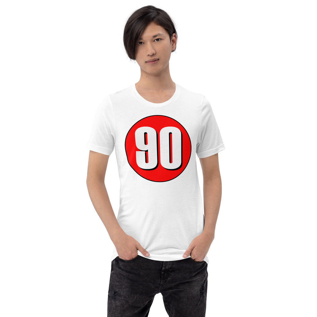 Unisex t-shirt: White on Red 90