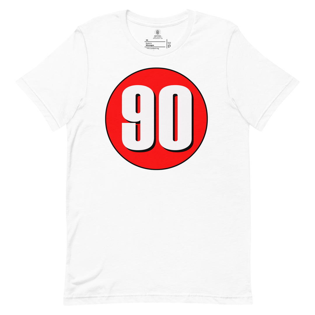 Unisex t-shirt: White on Red 90