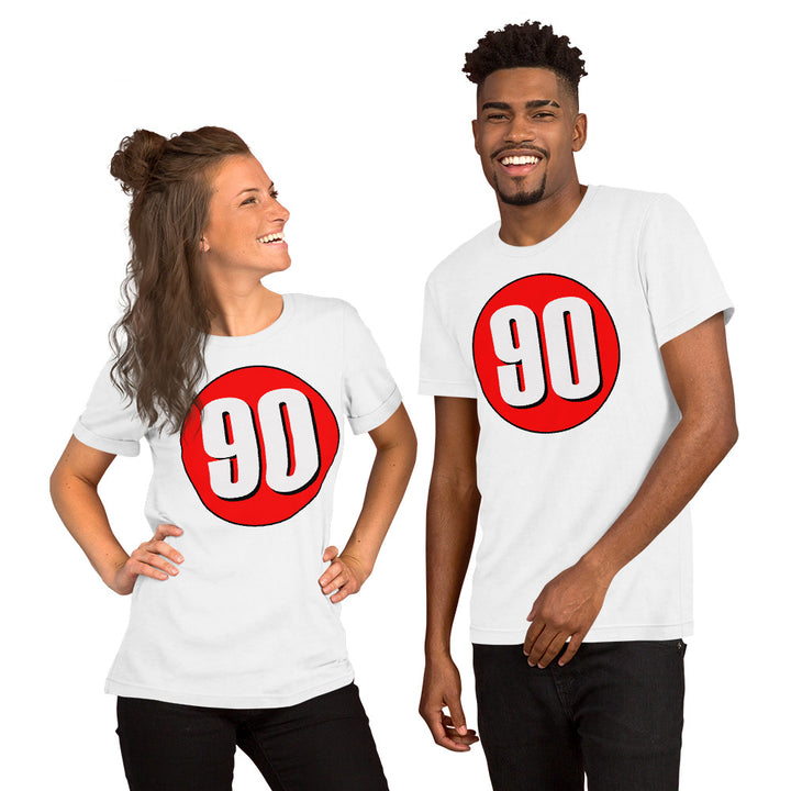 Unisex t-shirt: White on Red 90