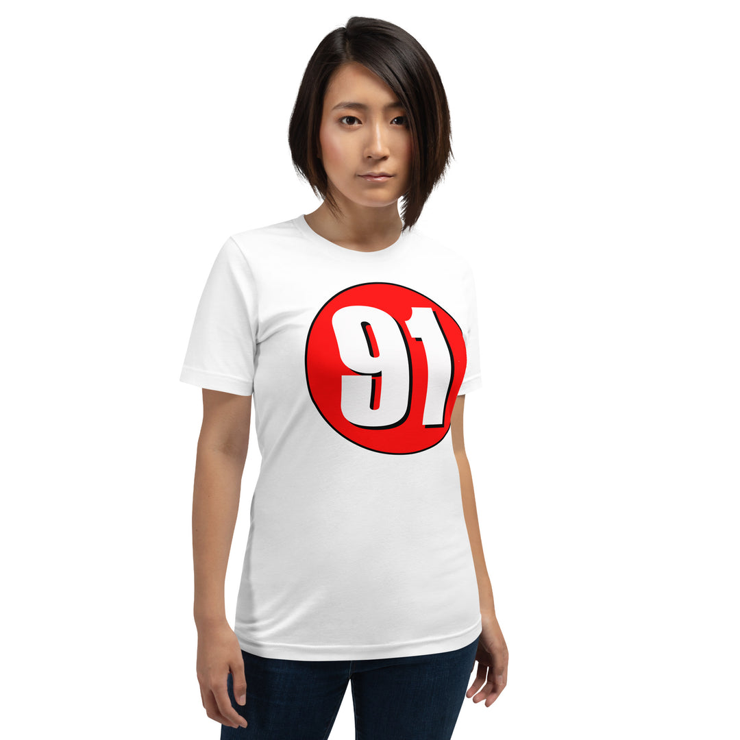 Unisex t-shirt: White on Red 91