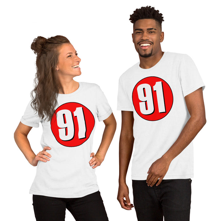 Unisex t-shirt: White on Red 91