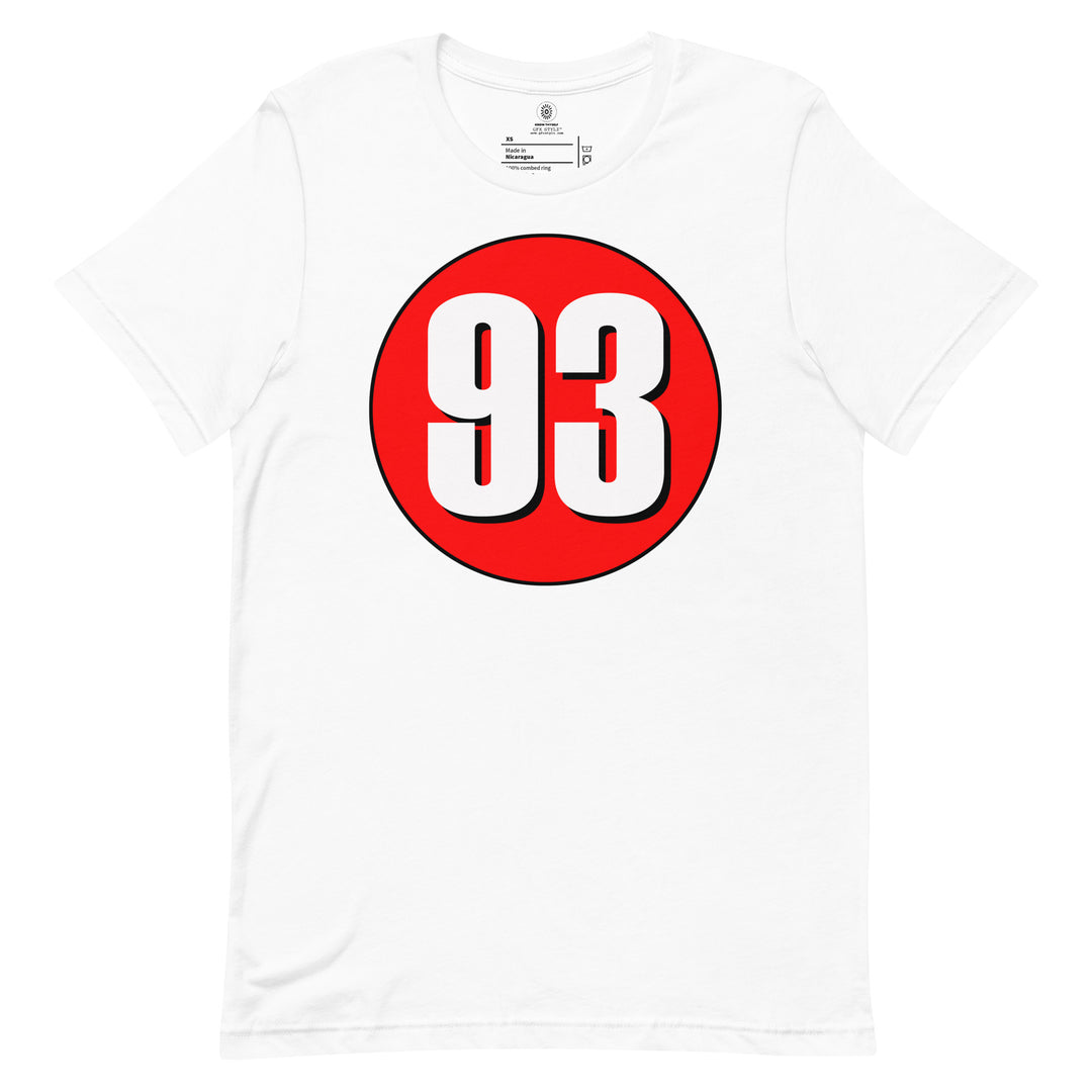 Unisex t-shirt: White on Red 93