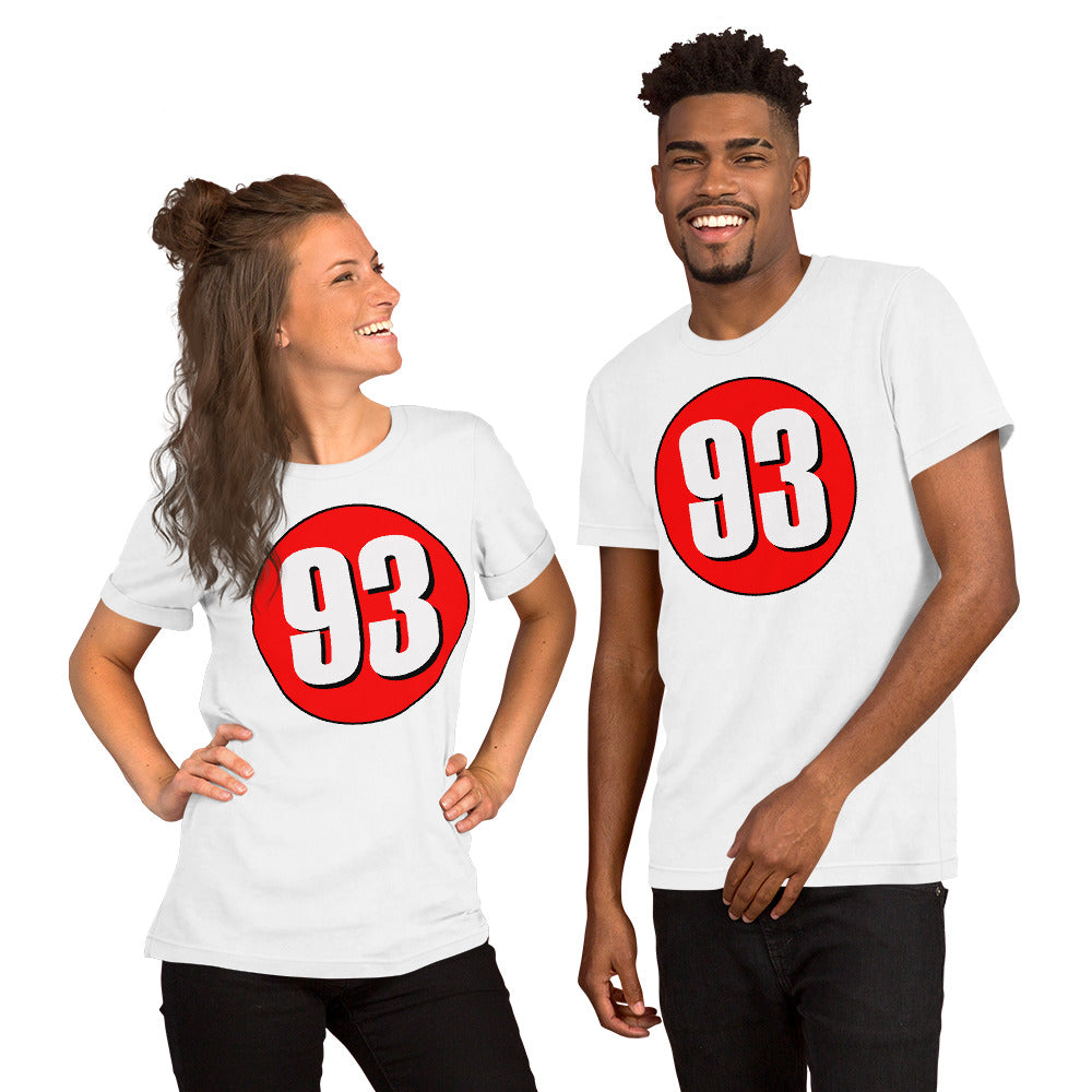 Unisex t-shirt: White on Red 93