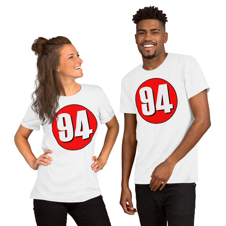 Unisex t-shirt: White on Red 94