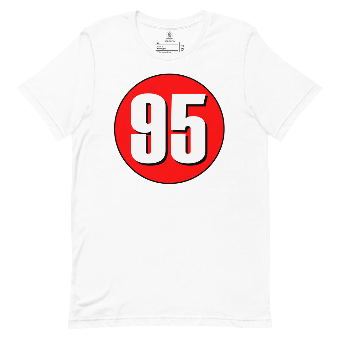 Unisex t-shirt: White on Red 95