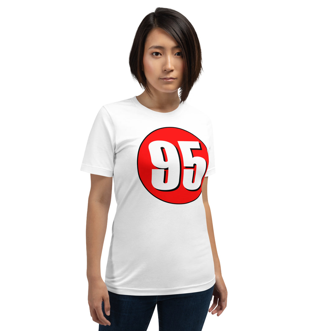 Unisex t-shirt: White on Red 95